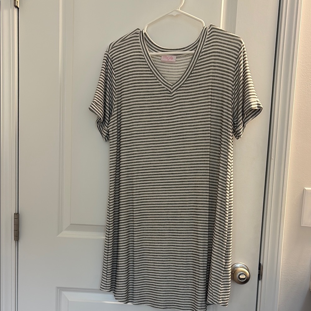 Pink Lily Gray and White Striped Top